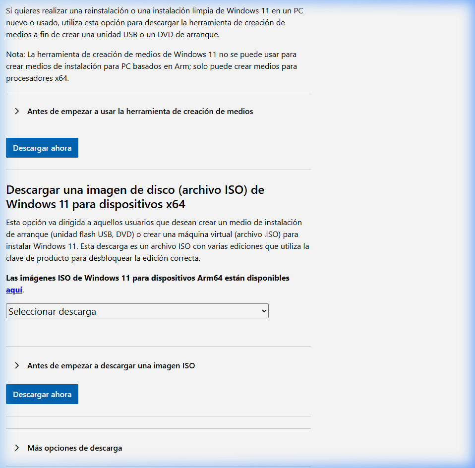 Sección de descarga de imagen de disco ISO en la web de Microsoft