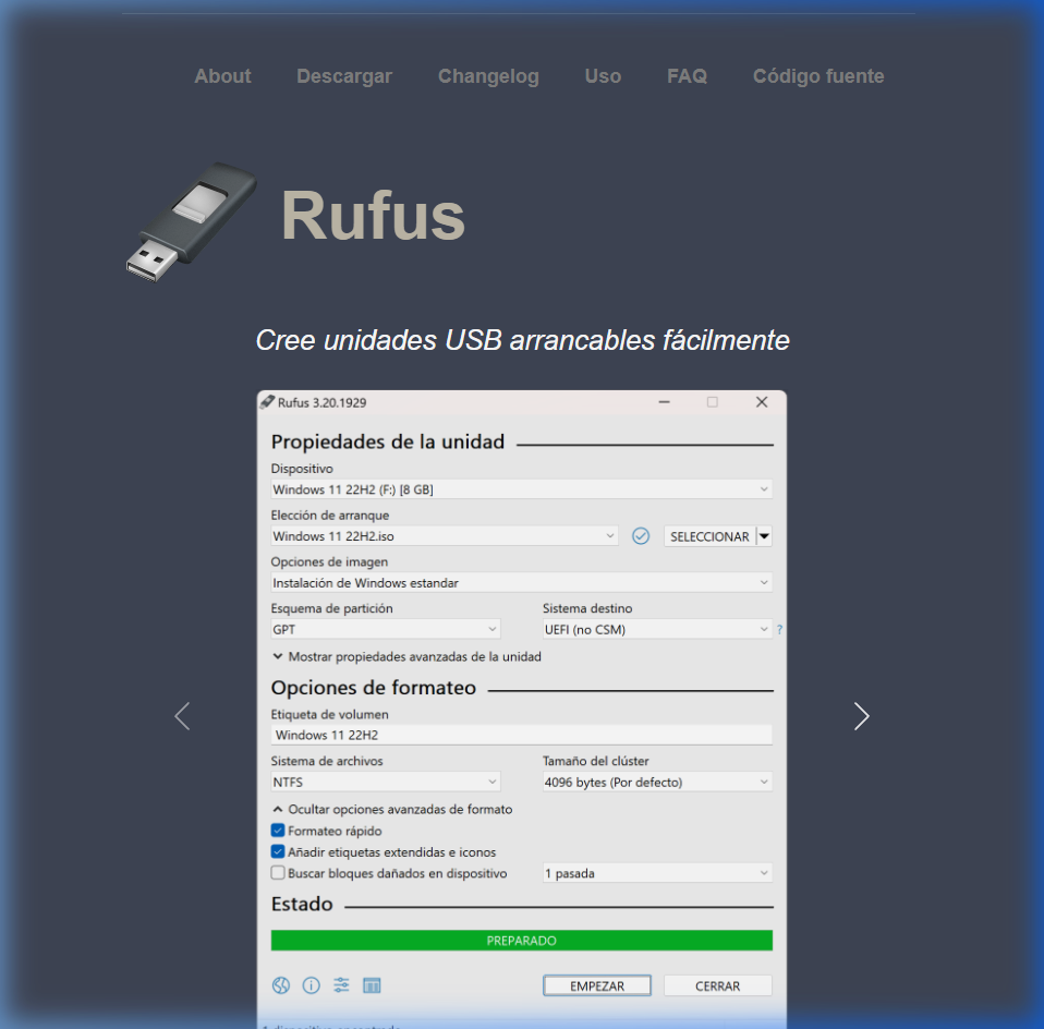 Captura de la ventana principal de configuración de Rufus