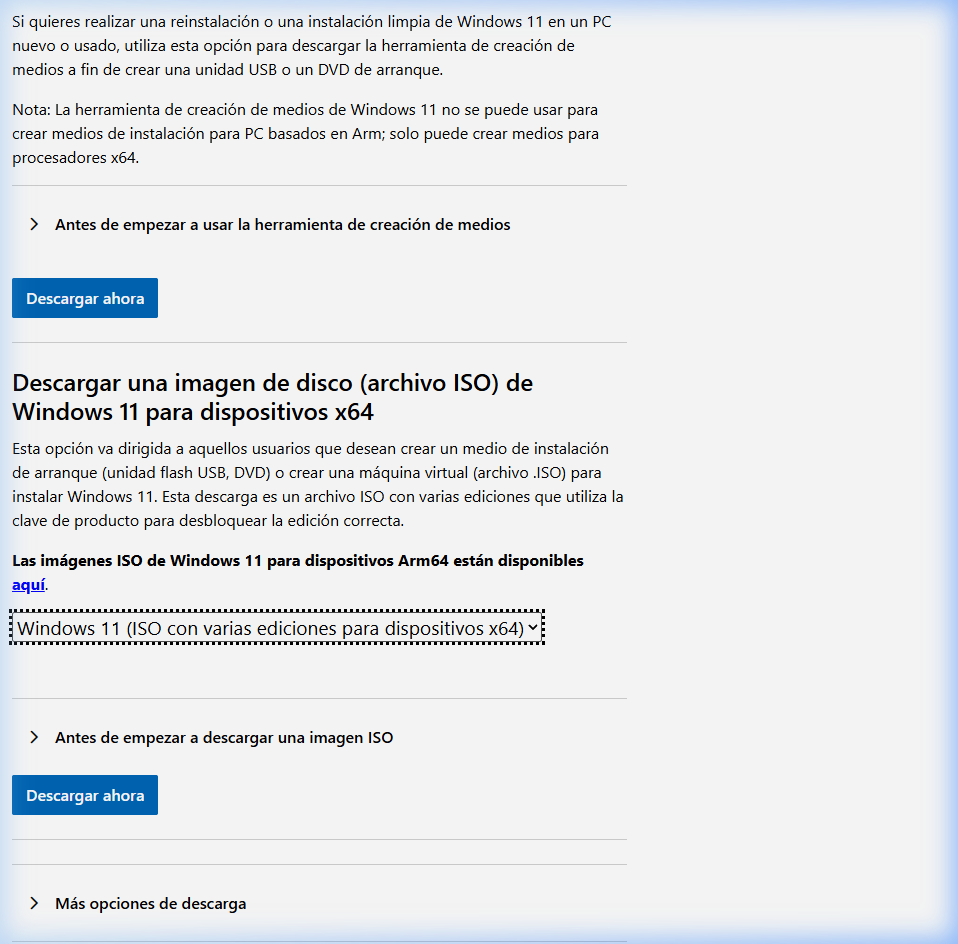 Desplegable seleccionado con Windows 11 multi-edition ISO y botón Descargar ahora