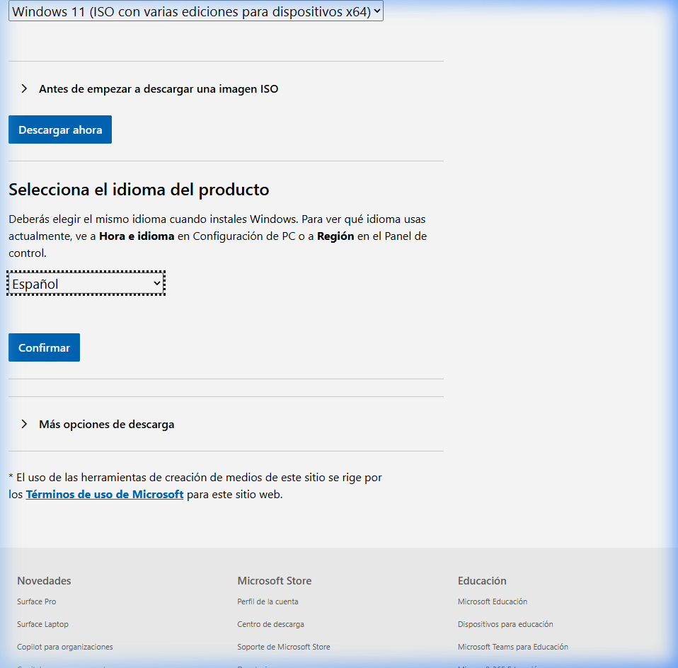 Selección de idioma Español y botón Confirmar en la web de Microsoft